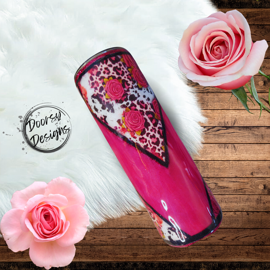 Roses and Cow Print V Shape Cut 20oz Epoxy Tumbler Cup with Fushia and White Glitter