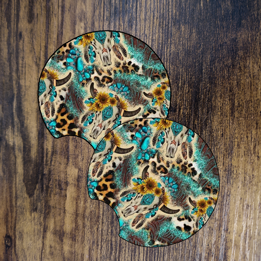 Cow Skull and Turquoise Car Coaster Set of 2