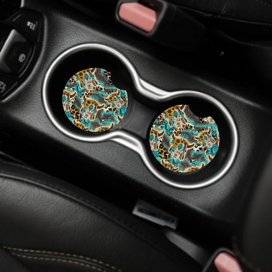 Cow Skull and Turquoise Car Coaster Set of 2