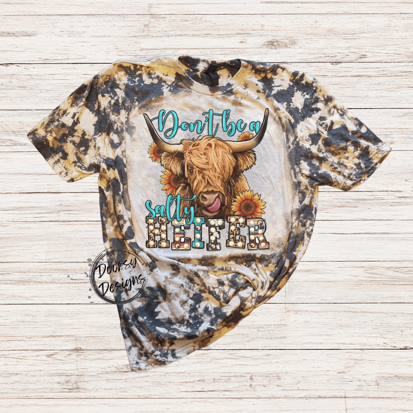 Don't Be a Salty Heifer Bleached T-Shirt, Funny Heifer Shirt for Women, Cowhide Bleach Pattern Shirt with Highlander Cow and Sunflowers