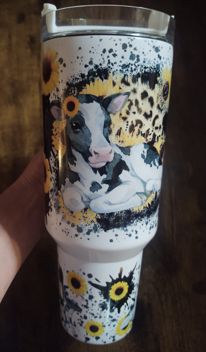 Baby Cow with Sunflowers and Black Color Splash 40oz Sublimation Tumbler