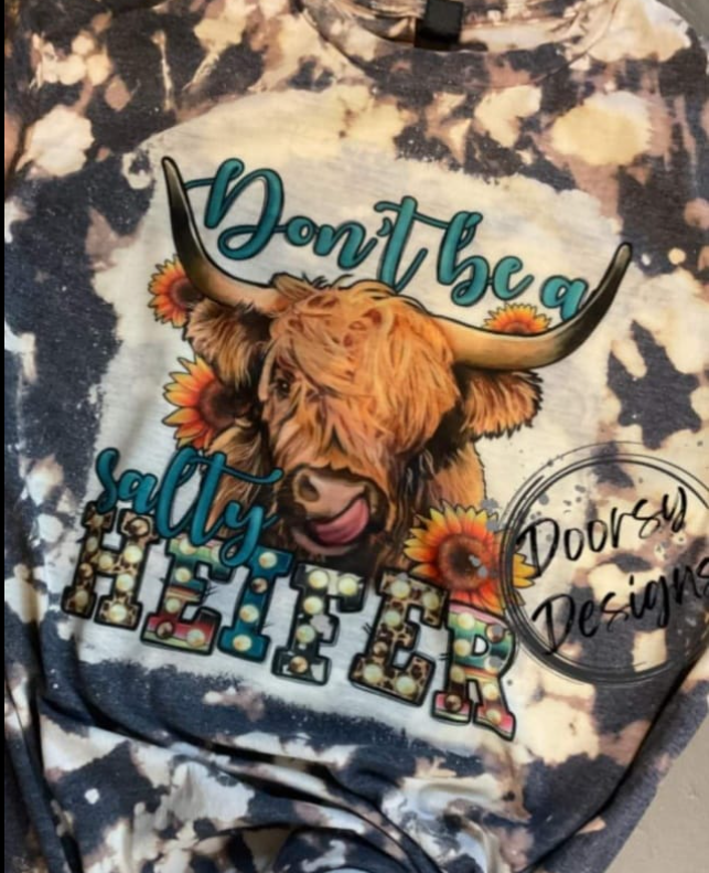 Don't Be a Salty Heifer Bleached T-Shirt, Funny Heifer Shirt for Women, Cowhide Bleach Pattern Shirt with Highlander Cow and Sunflowers