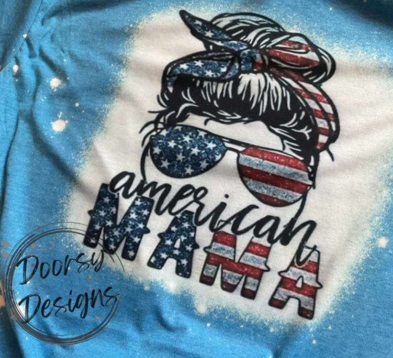American MAMA Bleached 4th of July Shirt with Messy Bun