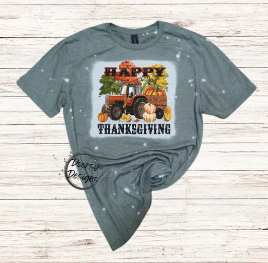 Happy Thanksgiving Bleached Shirt with Tractor