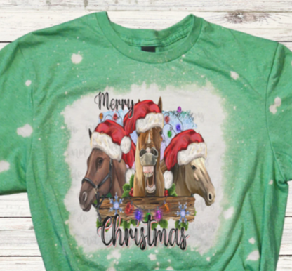 Merry Christmas Horses Bleached Xmas Shirt with Christmas Lights