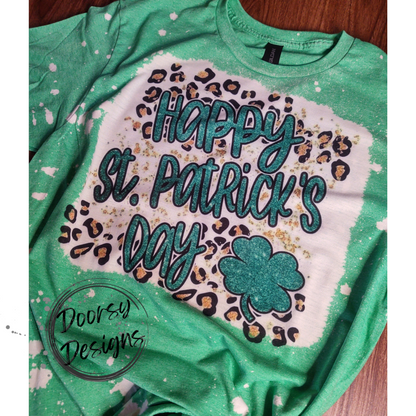 Bleached Happy St Patrick's Day Shirt with Leopard Print and Clover