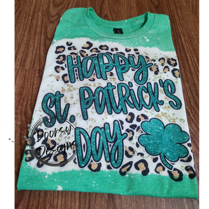 Bleached Happy St Patrick's Day Shirt with Leopard Print and Clover