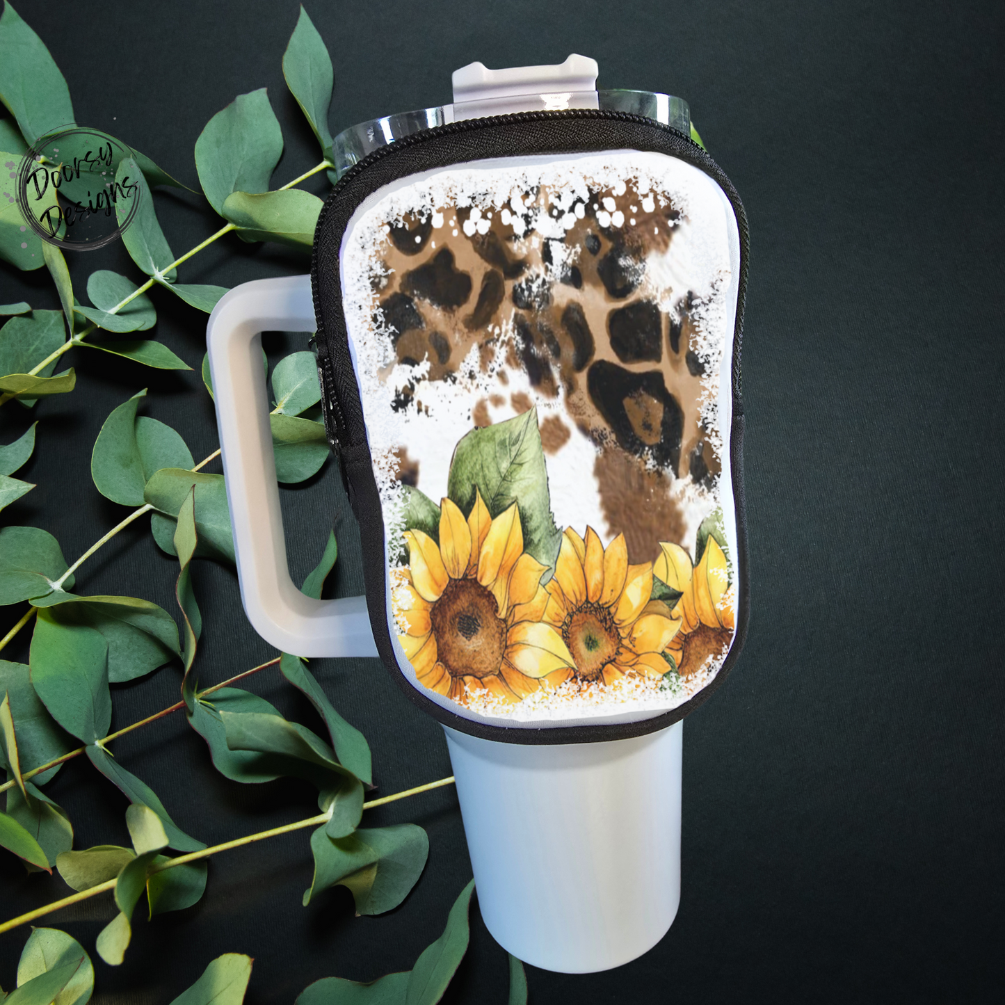 40oz Tumbler Coin Pouch: Sunflowers and Leopard Print