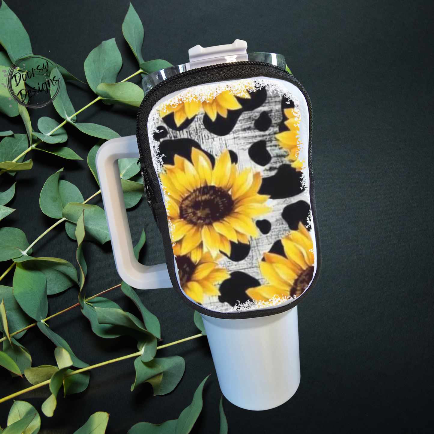 40oz Tumbler Coin Pouch: Sunflowers and Cow Print