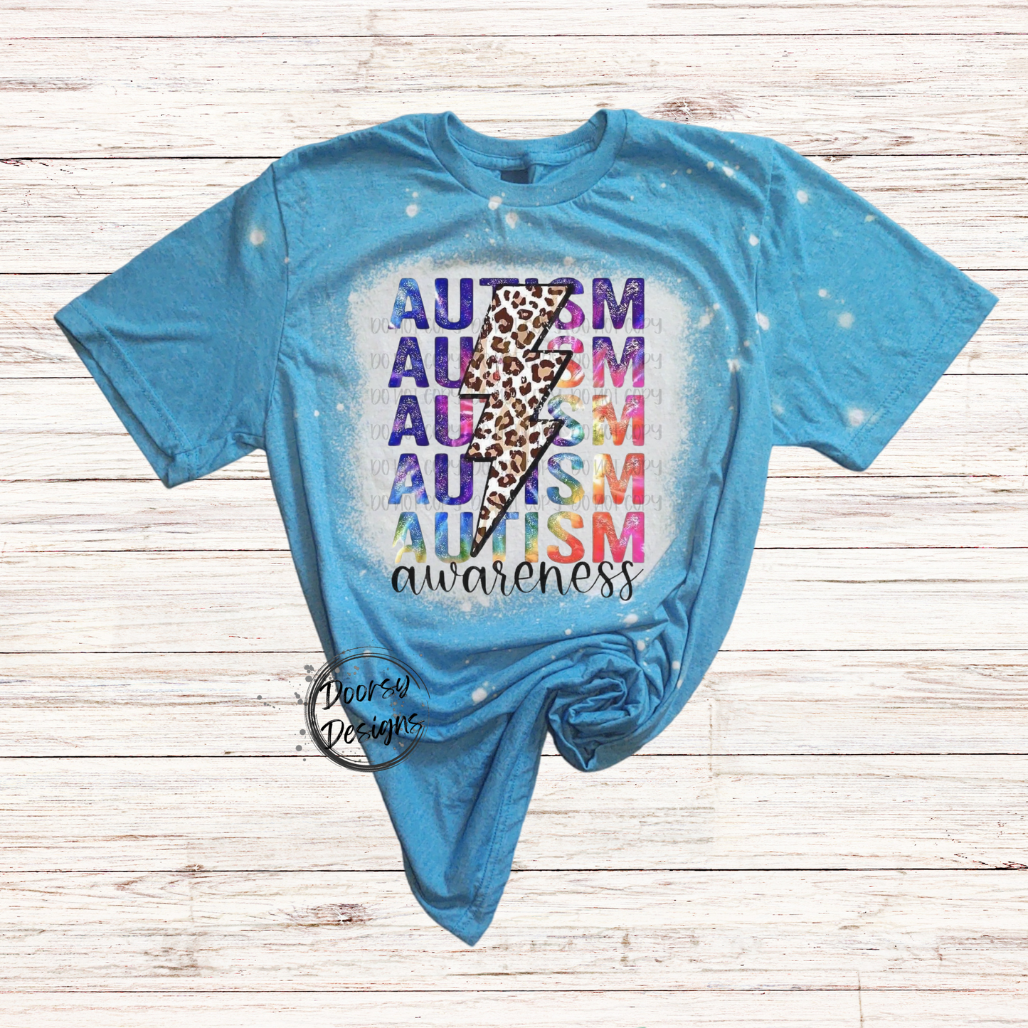 Autism Awareness Bleached T-Shirt with Leopard Print Lightning Bolt