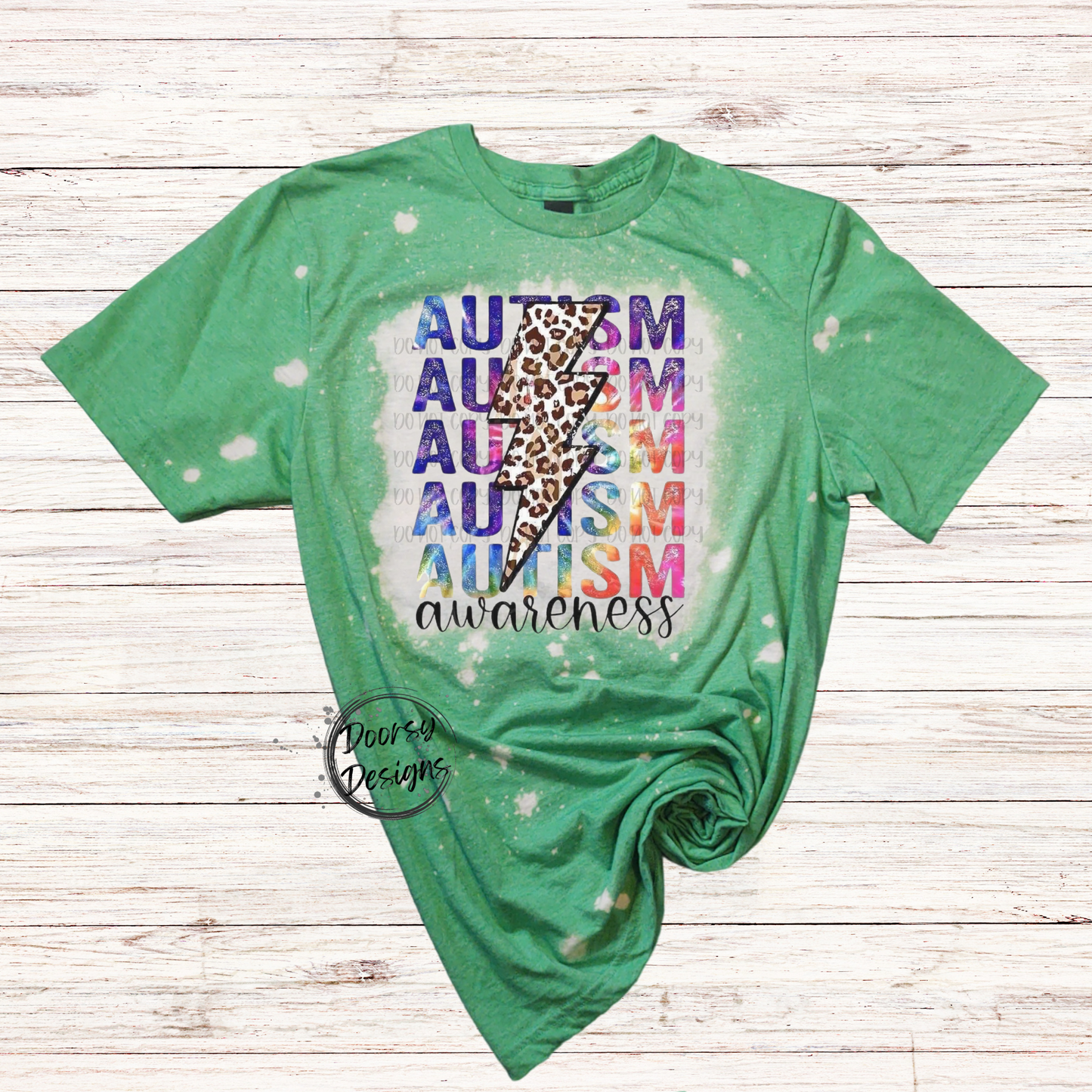 Autism Awareness Bleached T-Shirt with Leopard Print Lightning Bolt