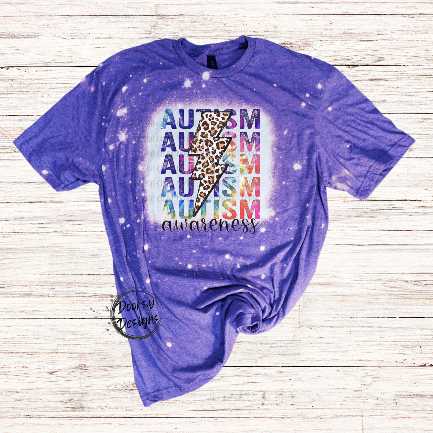 Autism Awareness Bleached T-Shirt with Leopard Print Lightning Bolt