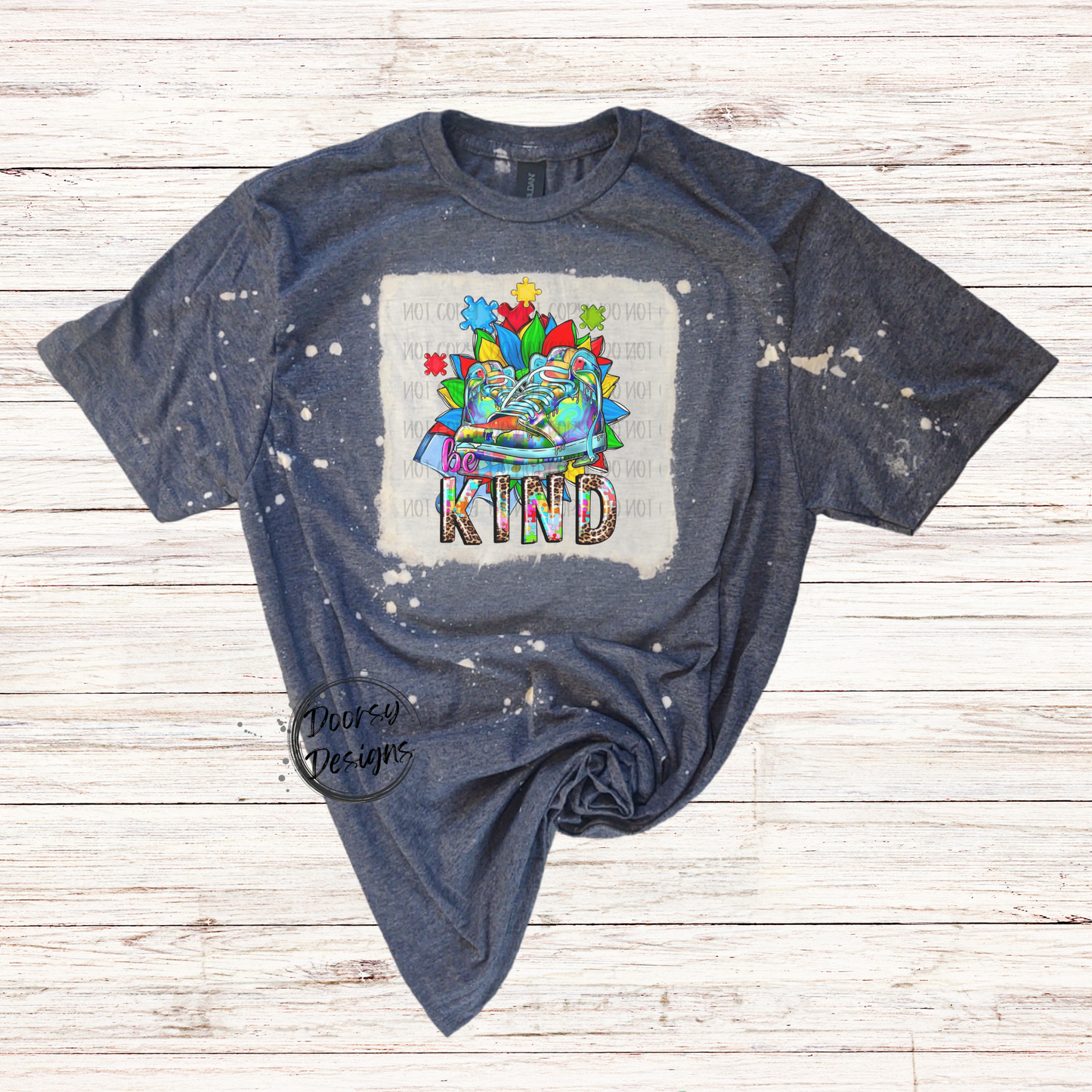 Autism BE KIND Bleached T-Shirt with Puzzle Pieces