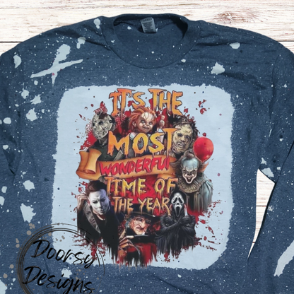 Most Wonderful Time of the Year Horror Bleached Long Sleeve Halloween Shirt with Slasher Stencils