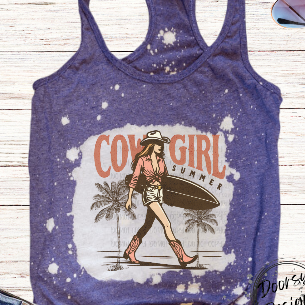Cowgirl Summer with Palm Trees Bleached Tank Top