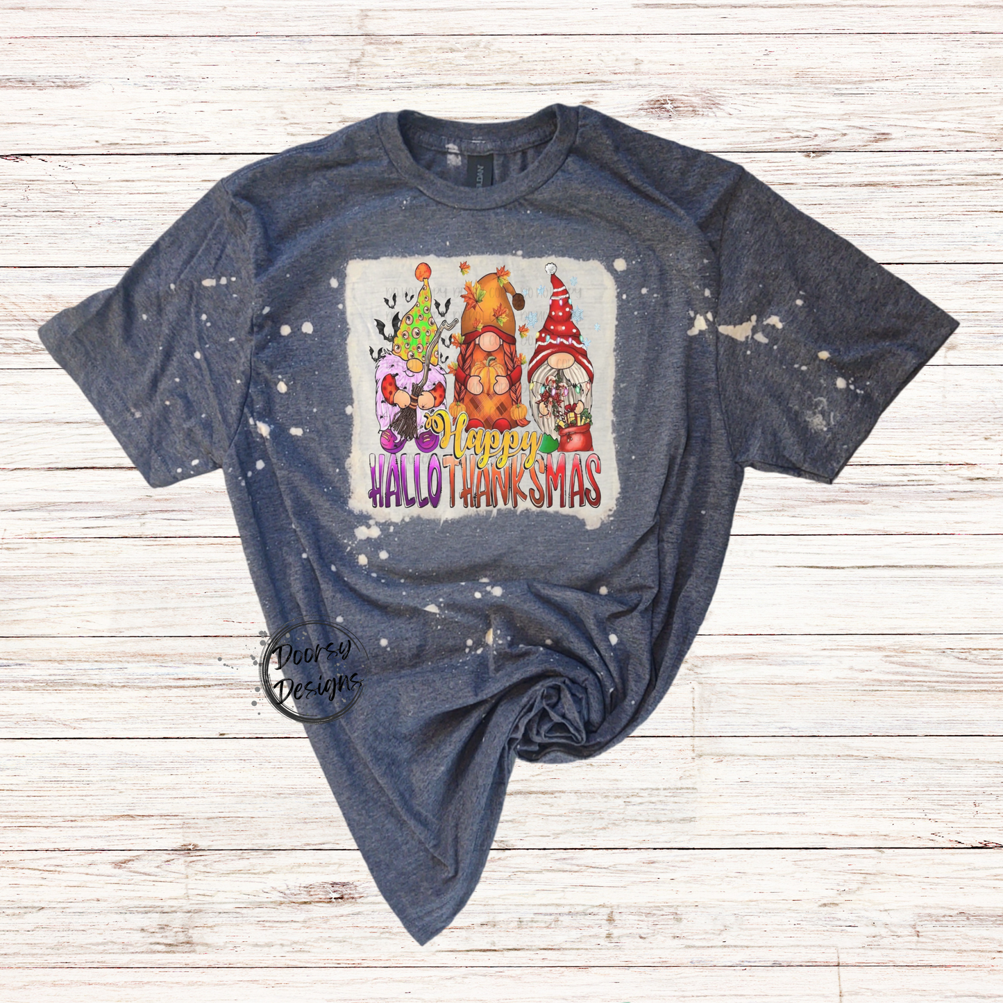 Gnomes Happy HalloThanksMas Bleached Shirt