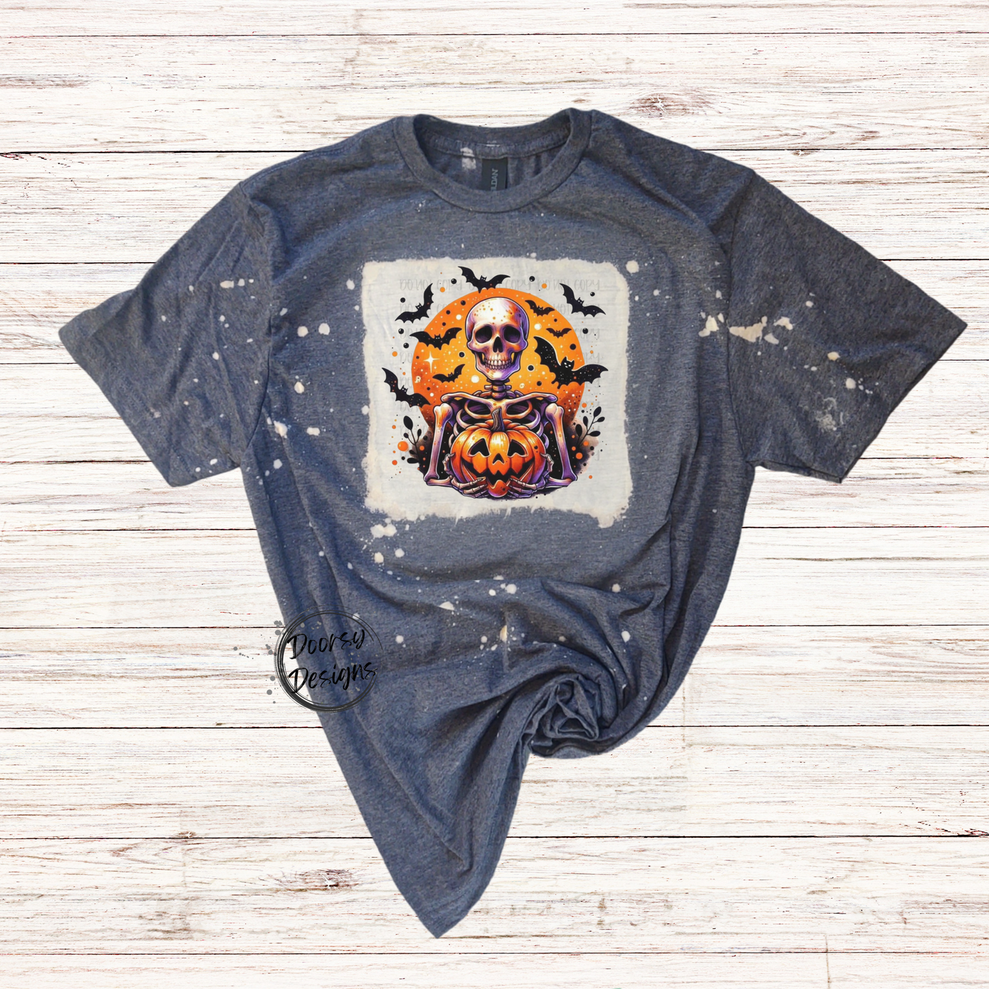 Skeleton Holding Pumpkin Bleached Halloween Shirt