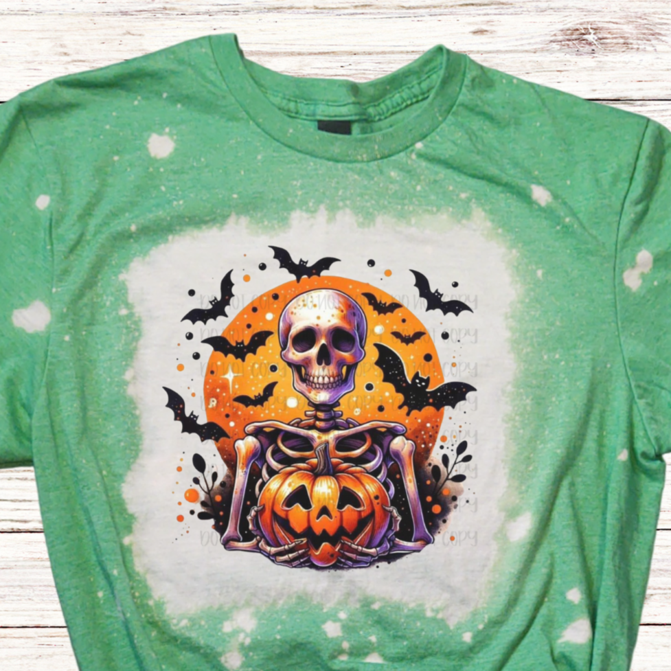 Skeleton Holding Pumpkin Bleached Halloween Shirt