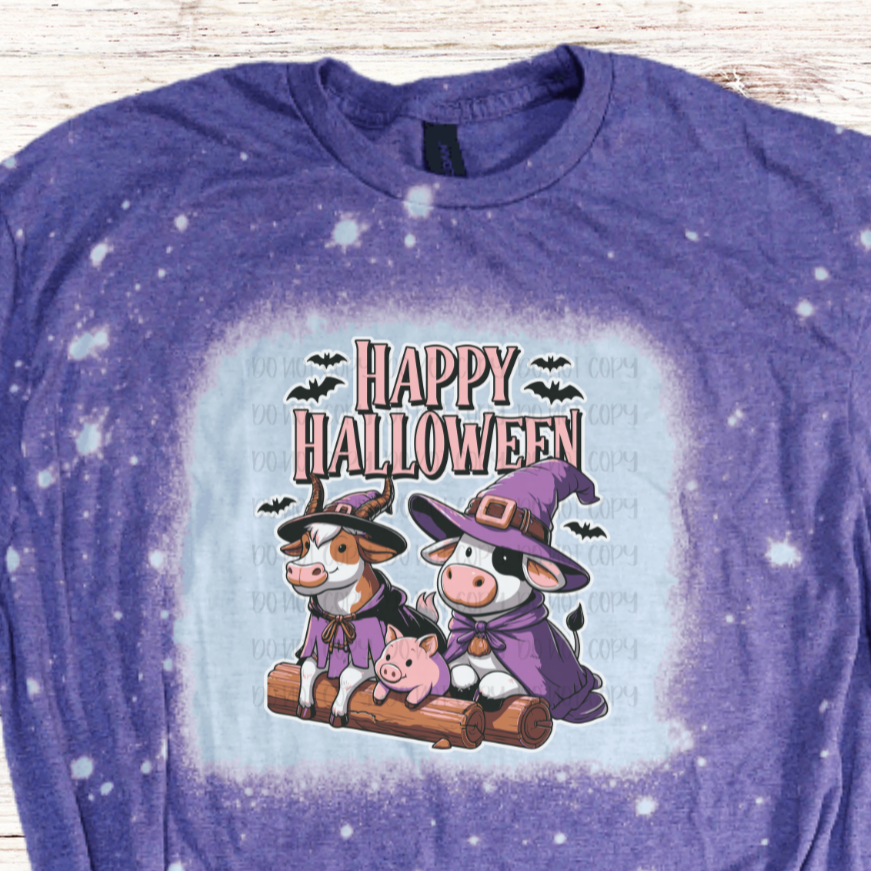 Happy Halloween Bleached Shirt w Farm Animals