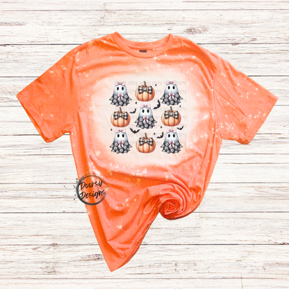 Coquette Ghosts with Pumpkins Bleached Halloween Shirt