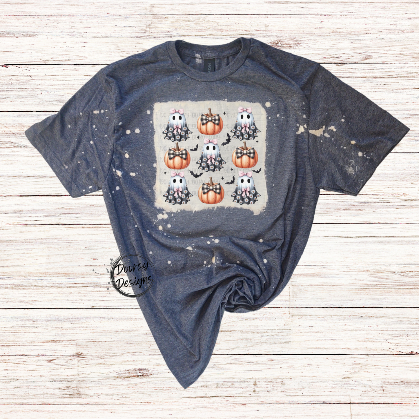 Coquette Ghosts with Pumpkins Bleached Halloween Shirt