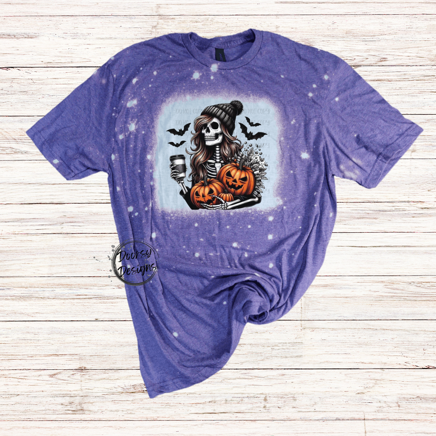 Skeleton Woman with Pumpkins Bleached Halloween Shirt