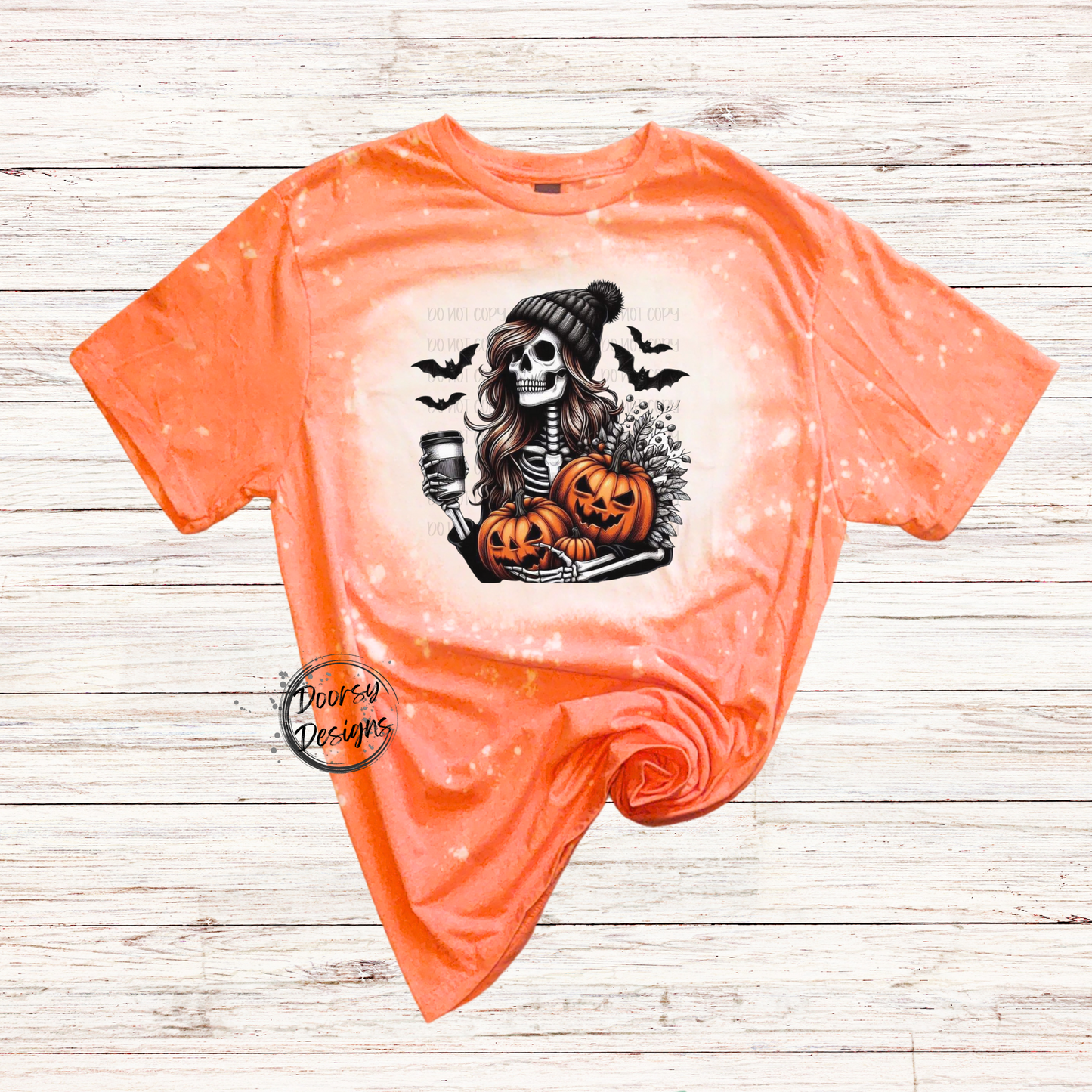 Skeleton Woman with Pumpkins Bleached Halloween Shirt