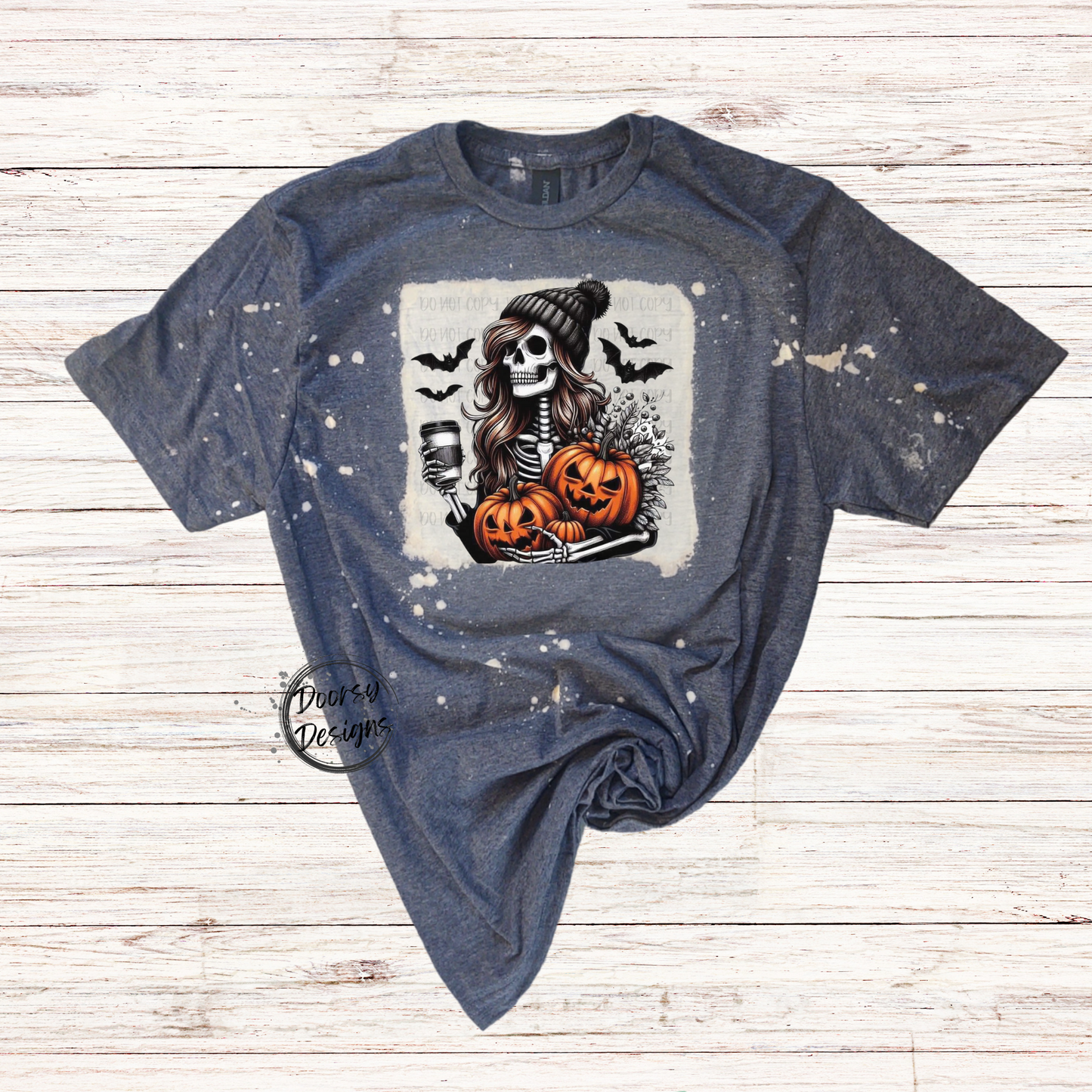 Skeleton Woman with Pumpkins Bleached Halloween Shirt