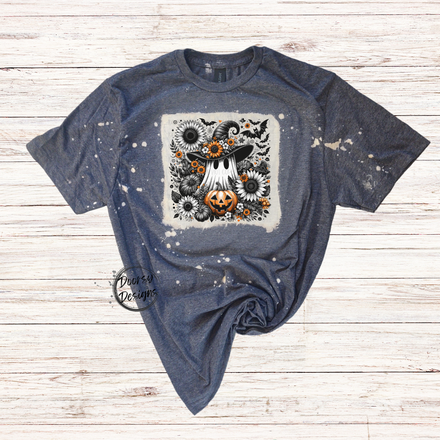 Ghost and Pumpkins Bleached Halloween Shirt