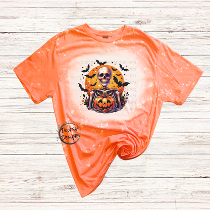 Skeleton Holding Pumpkin Bleached Halloween Shirt