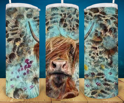 Turquoise Highlander Cow and Leopard Print Tumbler Cup 20oz Sublimation Cup