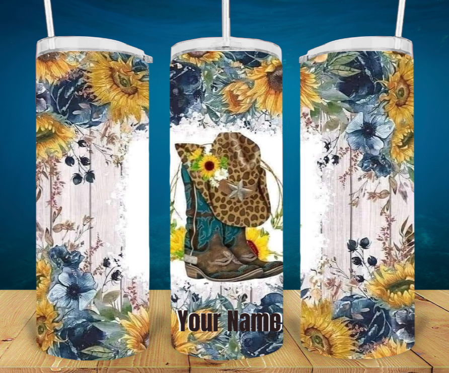 Personalized Western Boots and Sunflower Tumbler with Leopard Print Cowboy Hat Tumbler Cup 20oz Sublimation