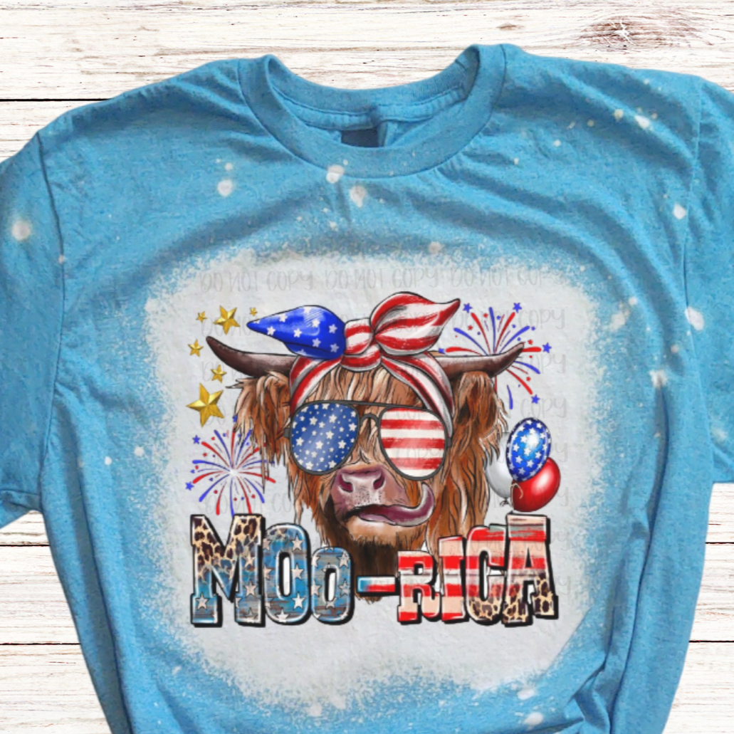 Moo-Rica Highlander Cow Bleached 4th of July Shirt