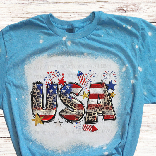 USA 4th of July Shirt with Leopard Print and Fireworks