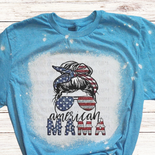 American MAMA Bleached 4th of July Shirt with Messy Bun