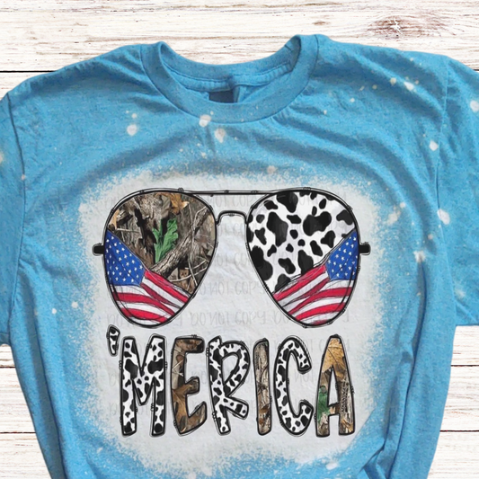 'Merica Redneck Sunglasses Bleached 4th of July Shirt with Cow Print