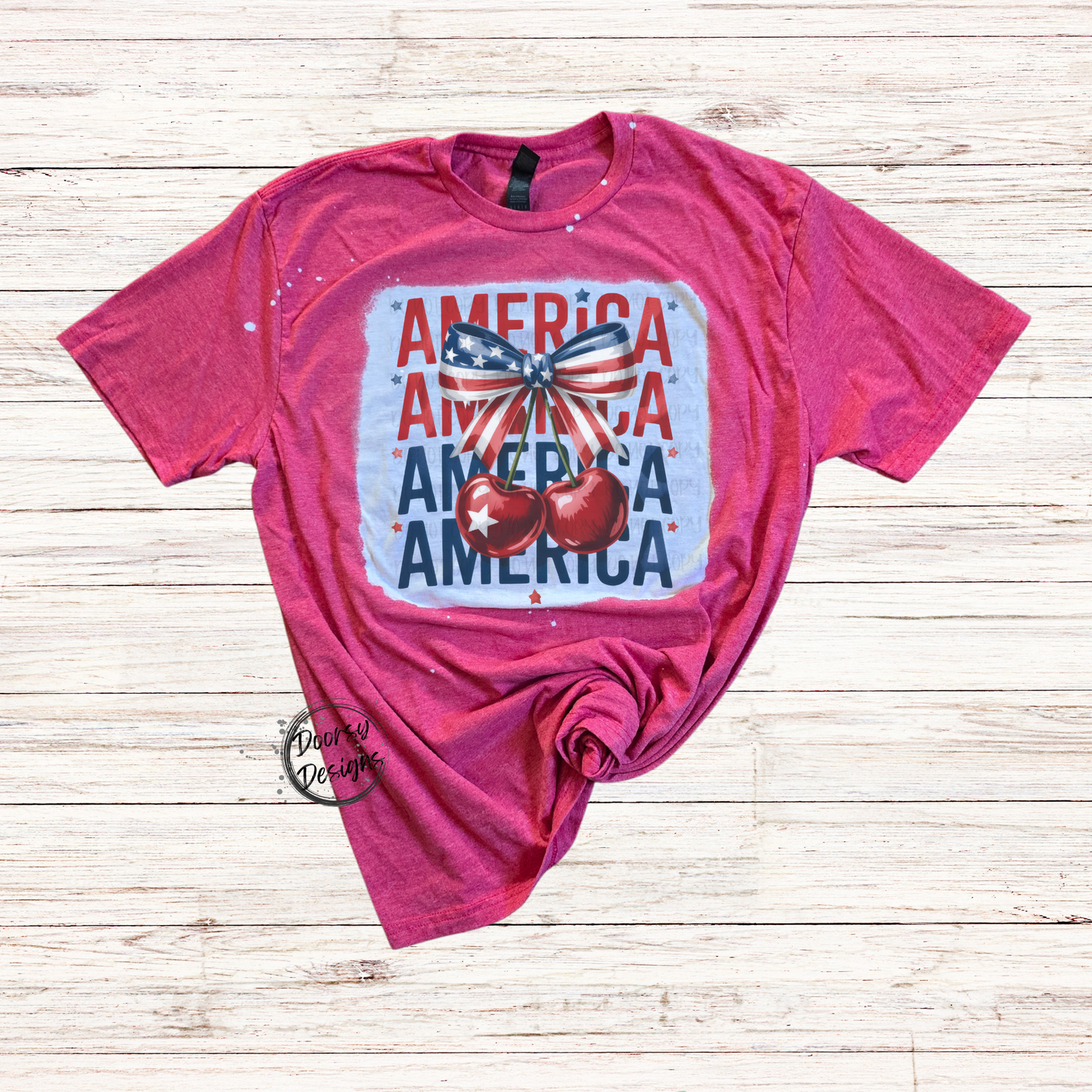 America Cherry & Bow Bleached 4th of July Shirt