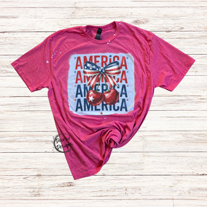 America Cherry & Bow Bleached 4th of July Shirt