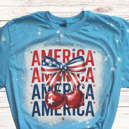 America Cherry & Bow Bleached 4th of July Shirt
