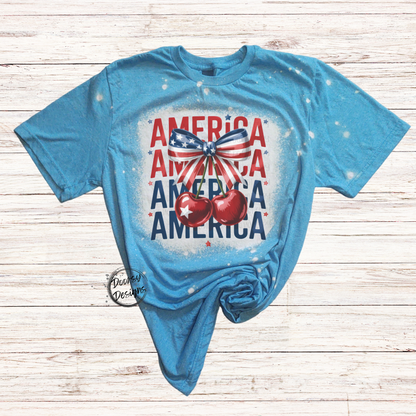 America Cherry & Bow Bleached 4th of July Shirt