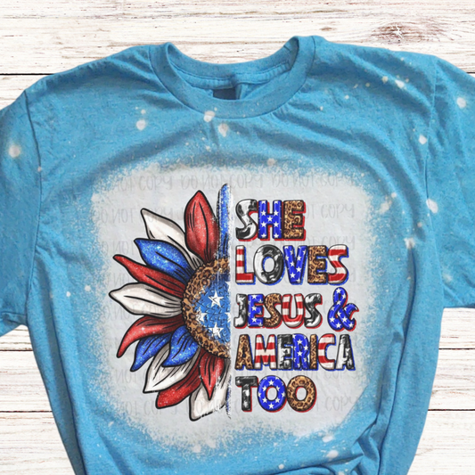 Sunflower She Loves Jesus Bleached 4th of July Shirt