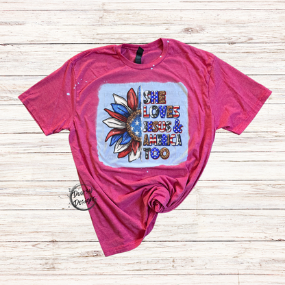 Sunflower She Loves Jesus Bleached 4th of July Shirt