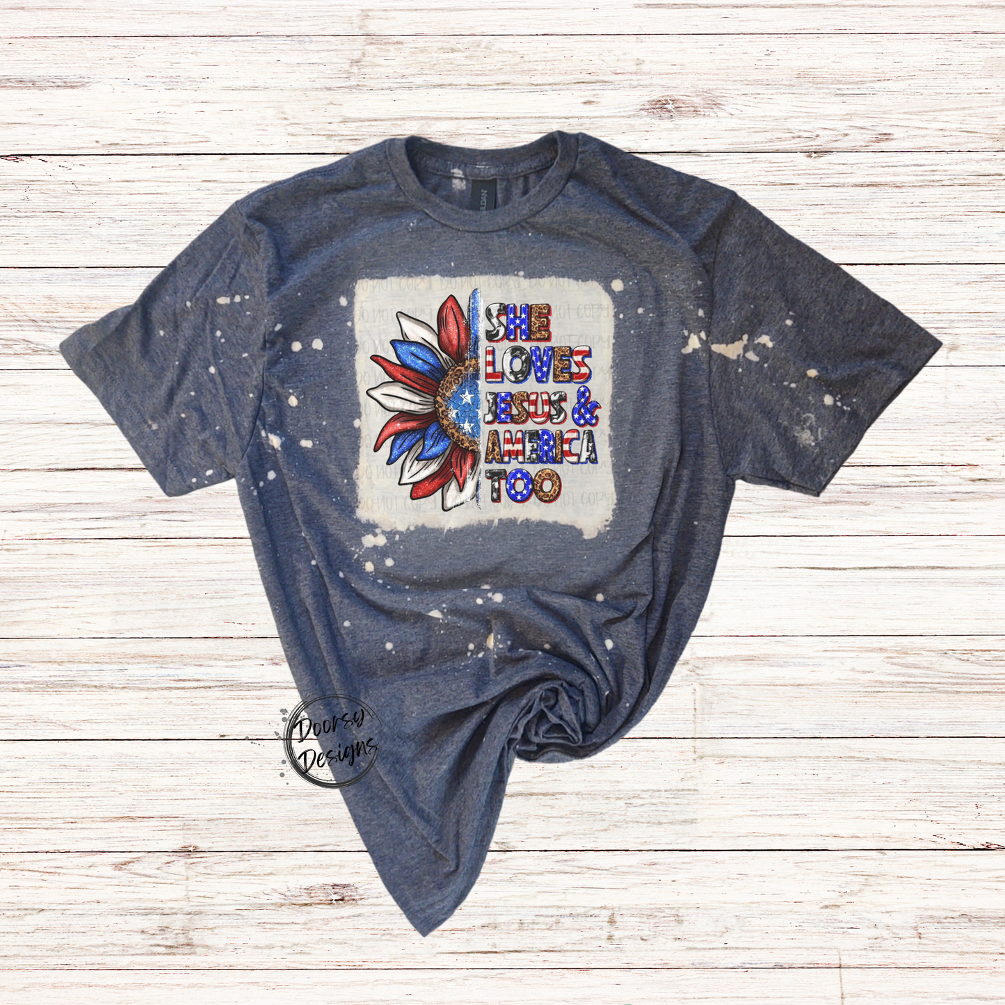 Sunflower She Loves Jesus Bleached 4th of July Shirt