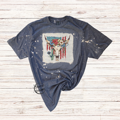 US Flag & Long Horn Skull Bleached 4th of July Shirt