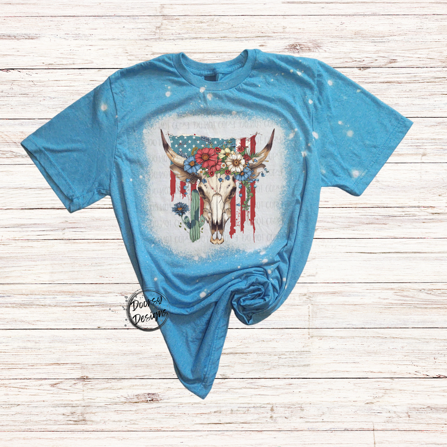 US Flag & Long Horn Skull Bleached 4th of July Shirt