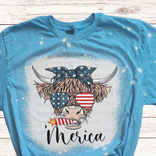 Merica Highlander Cow Bleached 4th of July Shirt