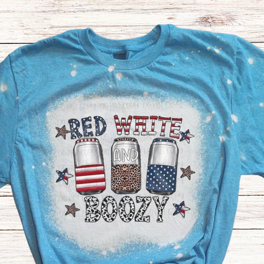 Cow Print Red White and Boozy Bleached 4th of July Shirt with Beer Cans
