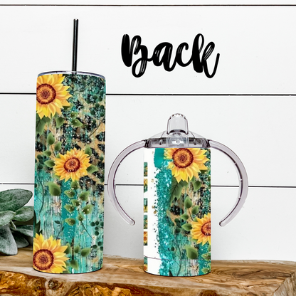 MAMA and MINI Sunflower and Turquoise Set with 20oz skinny tumbler and 12oz sippy tumbler