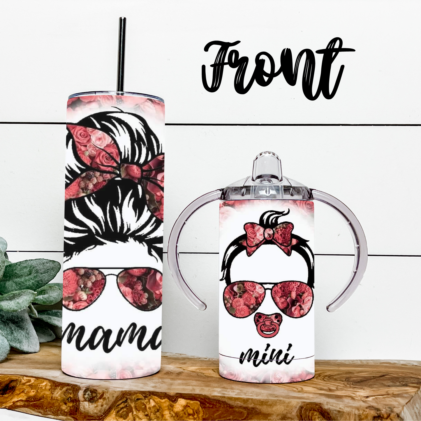 MAMA and MINI Messy Bun with Pink Flowers Tumbler Set