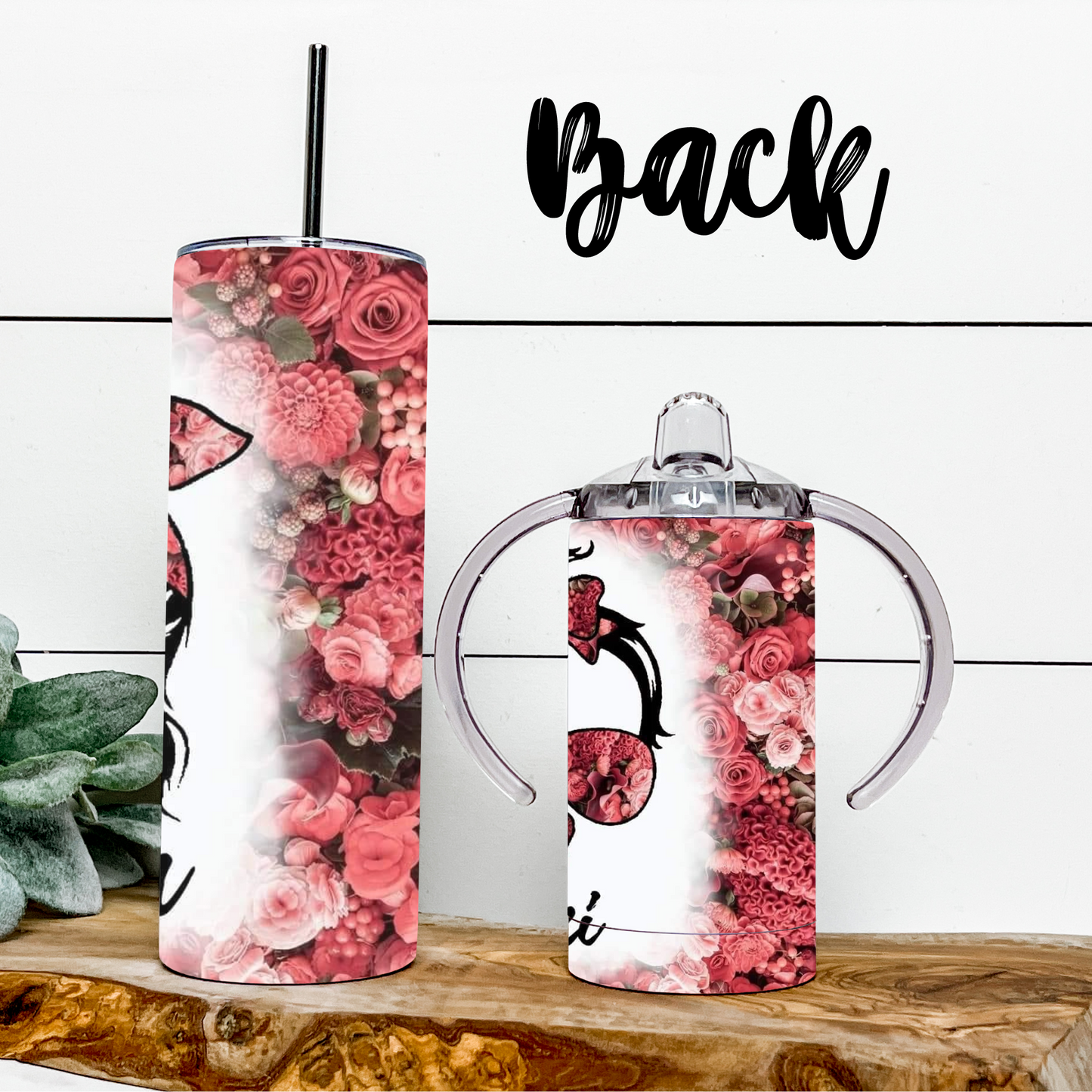 MAMA and MINI Messy Bun with Pink Flowers Tumbler Set